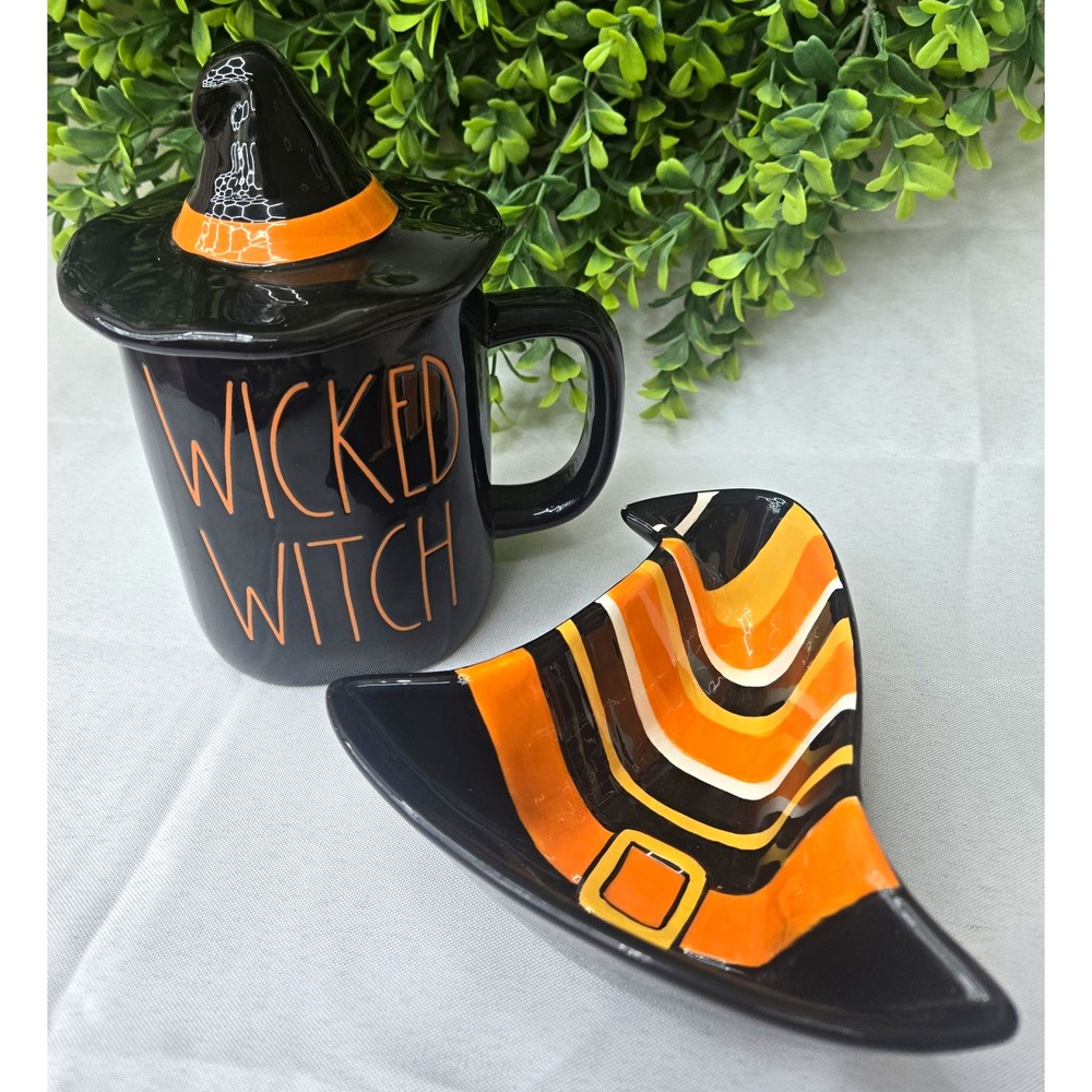 Rae Dunn Wicked Witch Mug w/ Hat Lid & Boston Warehouse Witch Hat Candy Dish Lot